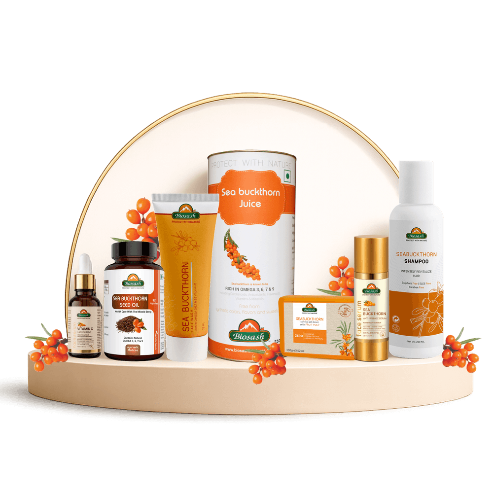 Biosash Sea Buckthorn juice, seed oil, face serum, soap, face wash and shampoo