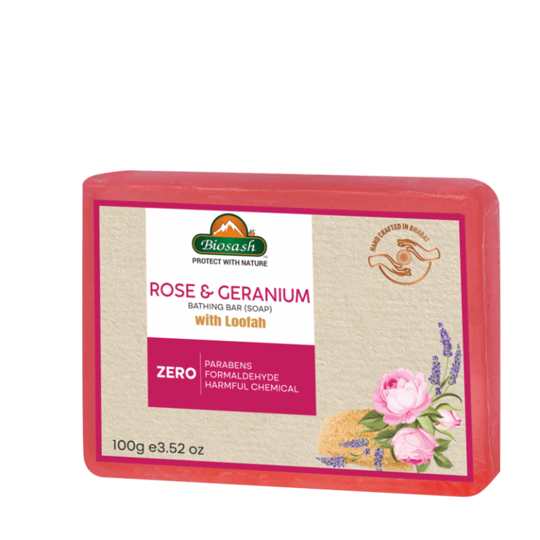 ROSE AND GERANIUM BATHING BAR (SOAP) WITH LOOFAH